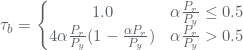 Rendered by QuickLaTeX.com \tau _{b}= \left\{\begin{matrix} 1.0 & \alpha \frac{P_{r}}{P_{y}}\leq 0.5\\ 4\alpha \frac{P_{r}}{P_{y}}(1-\frac{\alpha P_{r}}{P_{y}}) & \alpha \frac{P_{r}}{P_{y}}> 0.5 \end{matrix}\right.